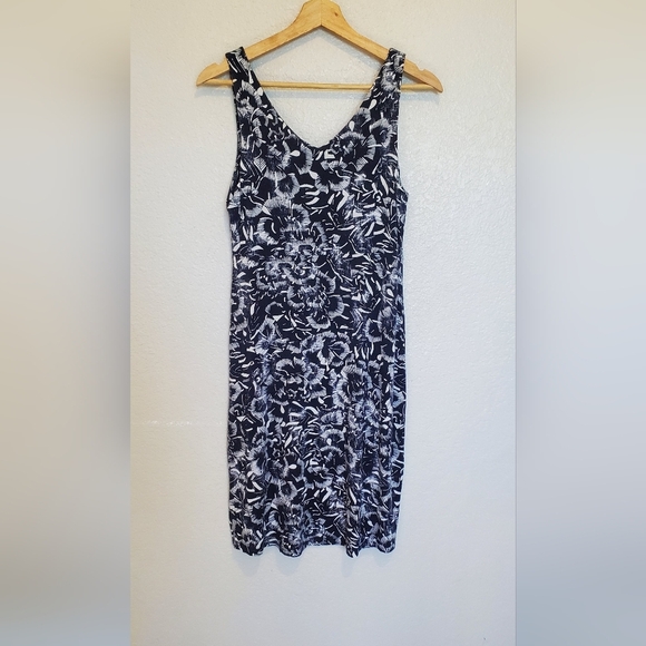 Athleta Santorini Dress V Neck Navy & White Print Midi Stretchy Dress Size Small - Picture 3 of 8